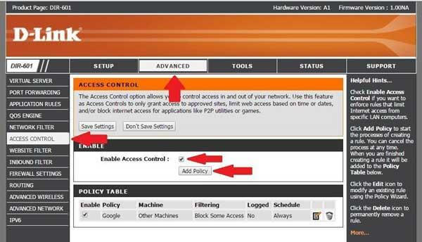 Screenshot of dlink access control setting location